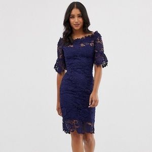 Navy Paperdolls Off Shoulder Crochet Dress